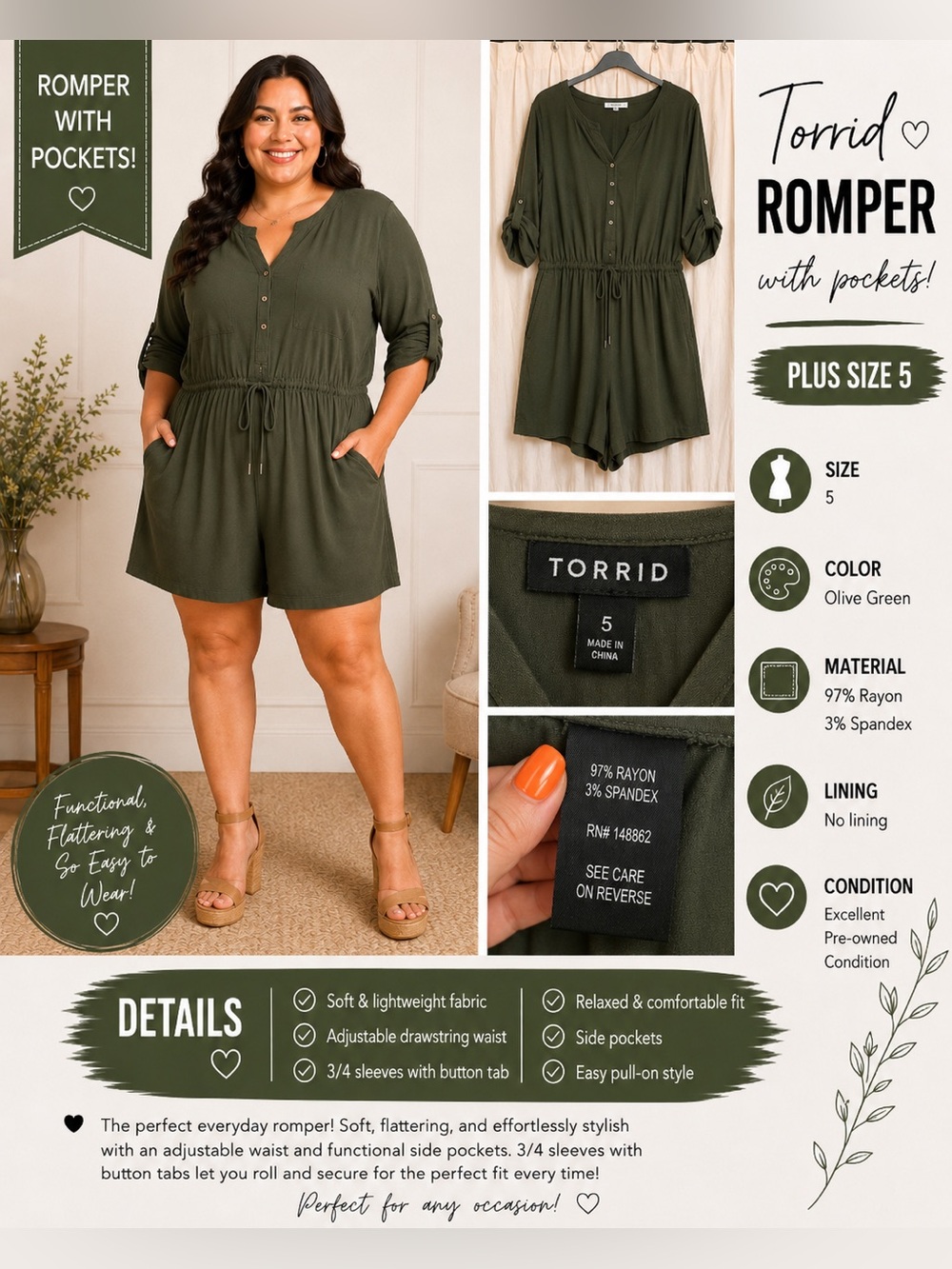 torrid Olive Green Plus-Size Short Sleeve Romper with Drawstring